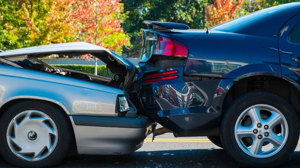 Two cars after a collision on a residential street
