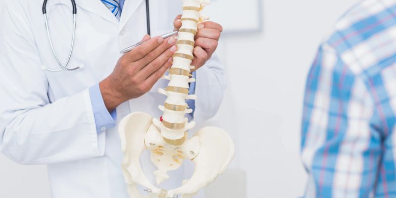 Doctor explaining spine anatomy to a patient using a spine model